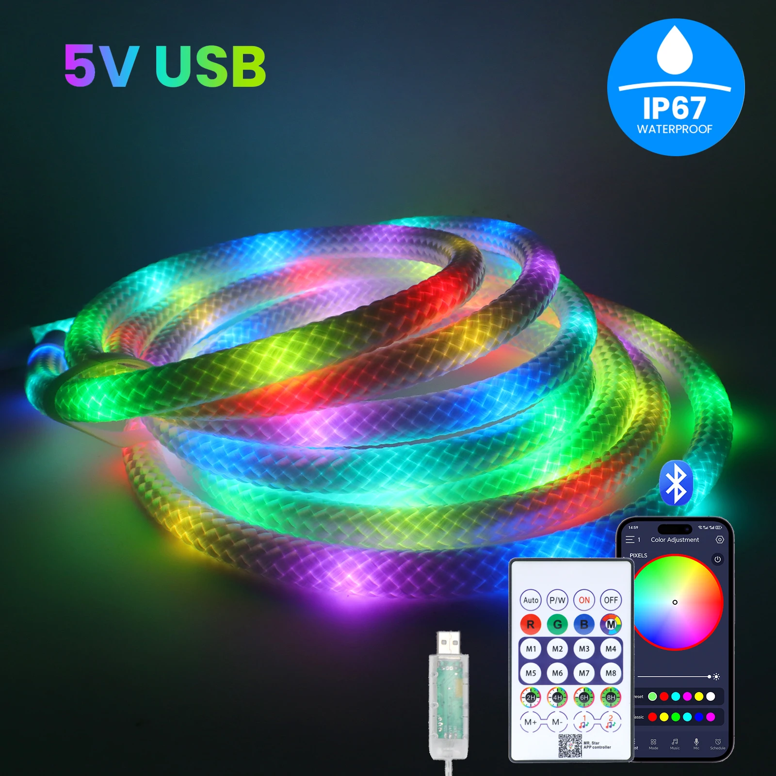 Round Reticulate Pattern Neon LED Strip 5V WS2812B Bluetooth Control 360 Degree RGBIC LED TV Backlight IP67 And 24Key Kit