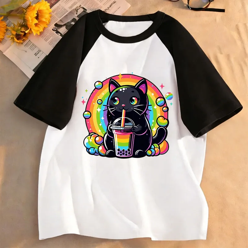 Cartoon-Katze trinkt Saft mit Regenbogen-Design T-Shirts Kinder T-Shirt Jungen Mädchen Sommer Frühling Casual Top Tee