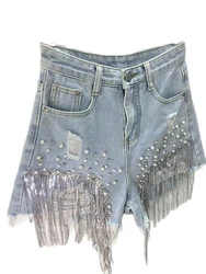 5Xl Women'S Summer Shorts Elegant Lady Tassel Beading High Waist Wide Leg Denim Short Female Casual Jeans For Women Clothing