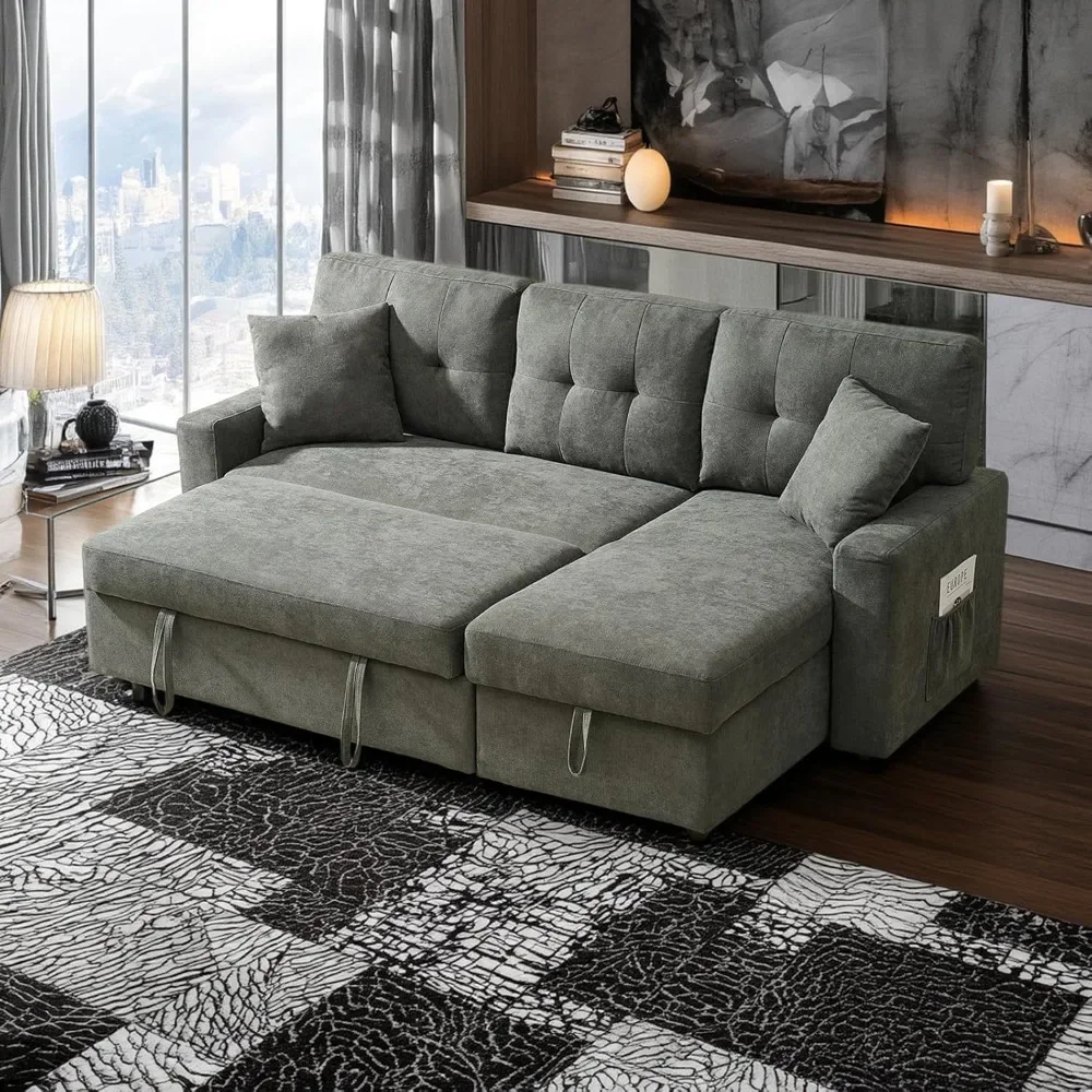 

3 in 1 Futon Convertible Couch with Reversible Storage Chaise, Dual USB Ports, Sleeper Pull Out Sofa Couch Bed