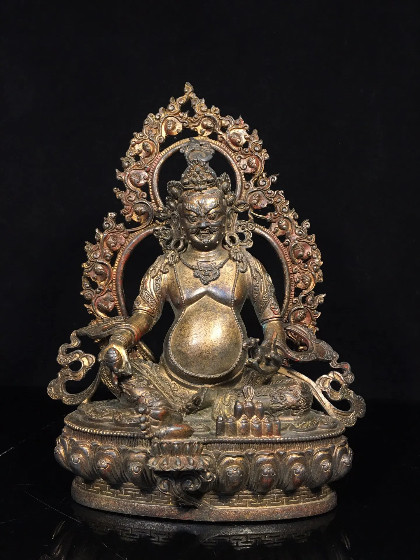 

13"Tibetan Temple Collection Old Bronze Cinnabar Mud gold Yellow Jambhala Buddha Backlight Tibetan God of Wealth Worship Hall