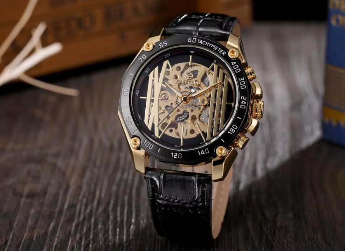 FORSINING WATCH Creative surface silver engraving Arabic numerals gold dial strap men's mechanical watch