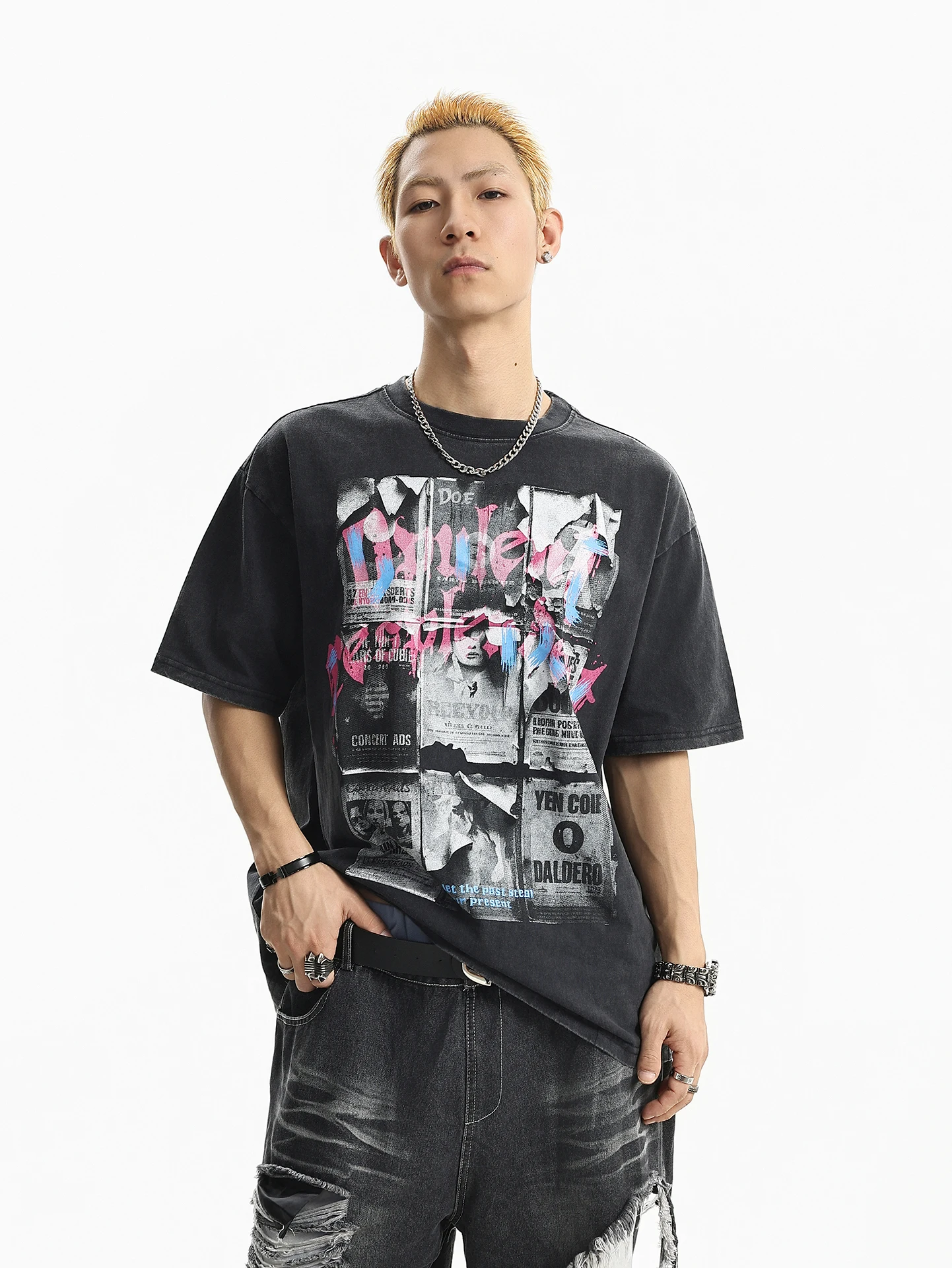 

BETEBULE American High Street round Neck Short Sleeve T-Shirt Men Summer Heavyweight Loose Top Printed Casual Streetwear