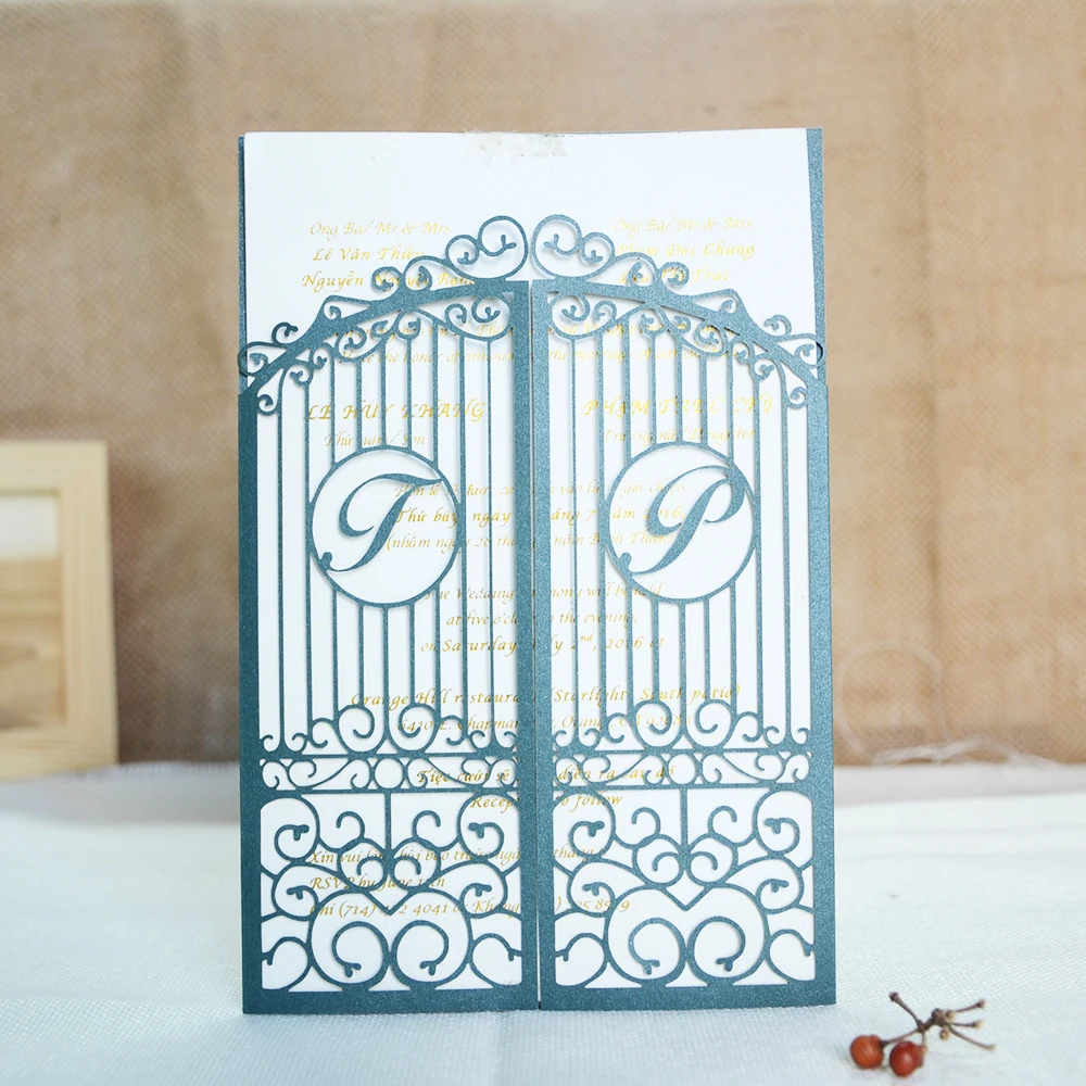 English Wedding Invitation Card, Gate Design, Unique Laser Cut, Add Intitals for Free,10pcs