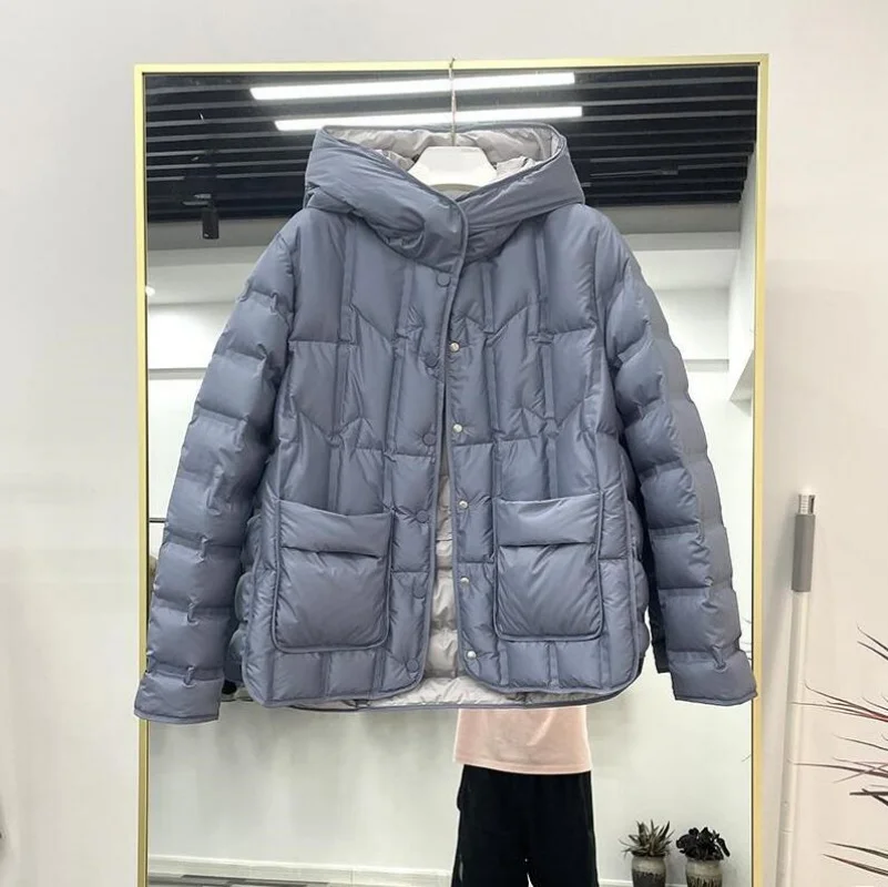 2025 hiver femmes 90% duvet de canard blanc manteau femme col montant simple boutonnage doudoune décontracté ample à capuche Parkas