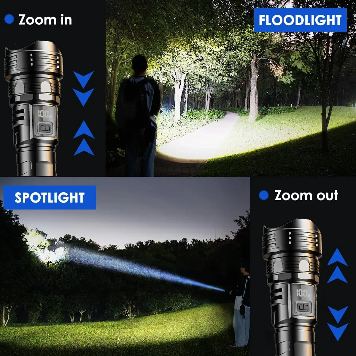 10W White Laser Flashlight Type-c Charging Telescopic Focus Torch Power Display High Power Flashlight Waterproof Camping Hiking