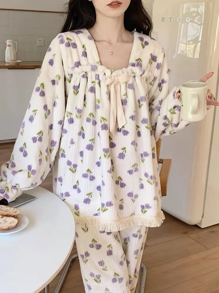 Autumn Winter Women\'s Casual Purple Flowering Tulips Sweet Girl Warm Soft Sleepwear Loose Pajamas With Pants Flannel Pullover