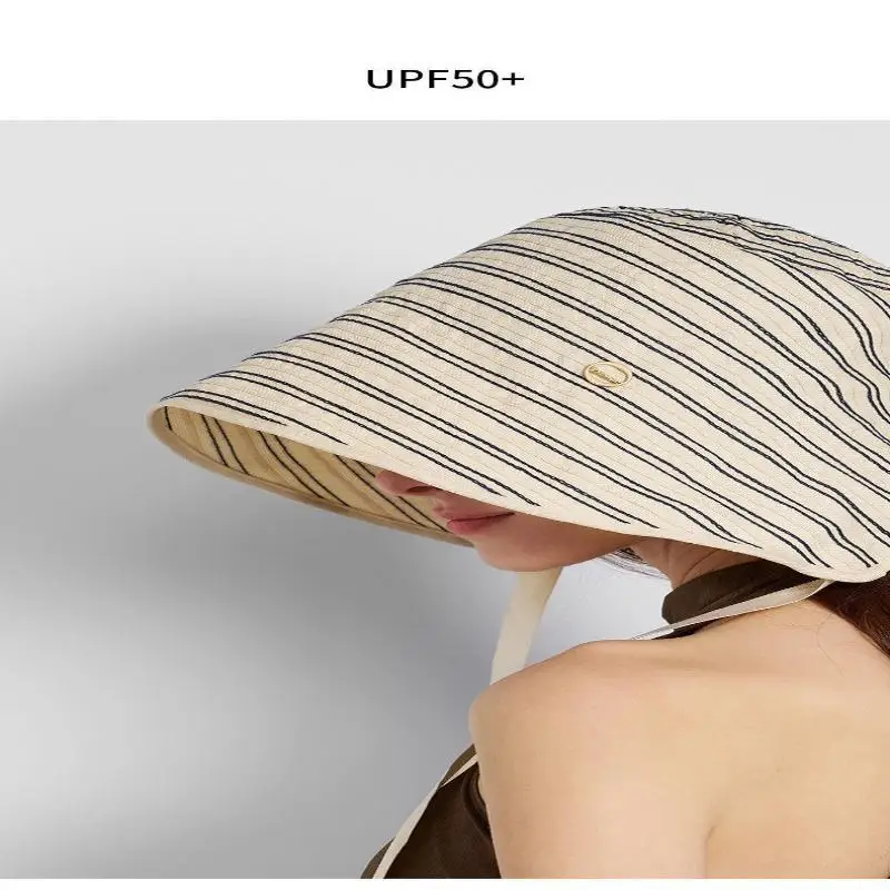Atmungsaktive gestreifte Leinen-Sonnenschutzmütze mit verstellbarem Kinnband, UV-Schutz für Strandurlaub und Outdoor-Aktivitäten. – Detail 11