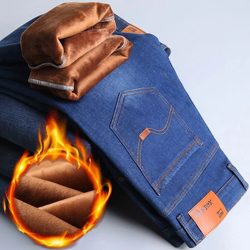 

Men New Fashion Winter Warm Jeans Male Fleece Lined Thickened Denim Pants Loose Straight Comfortable Casual Black Blue Trousers