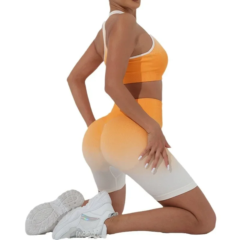 Sem costura yoga gradiente cor define esportes fitness pêssego hip-lifting calças de manga comprida ternos treino ginásio shorts conjuntos para mulher