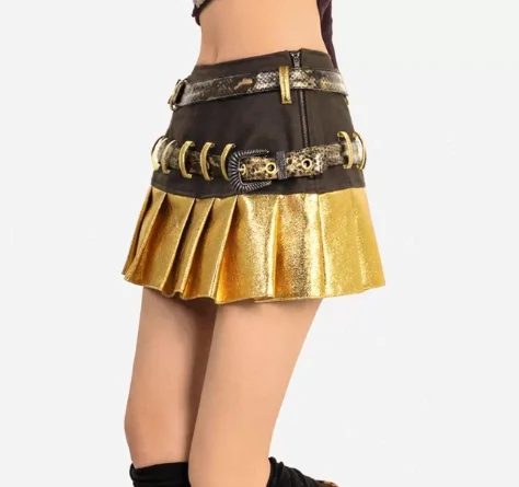 Spring Summer New Y2K Sexy Golden Splicing Retro A-line Pleated Skirt Personalized Women Fashion Versatile Street Short Skirts
