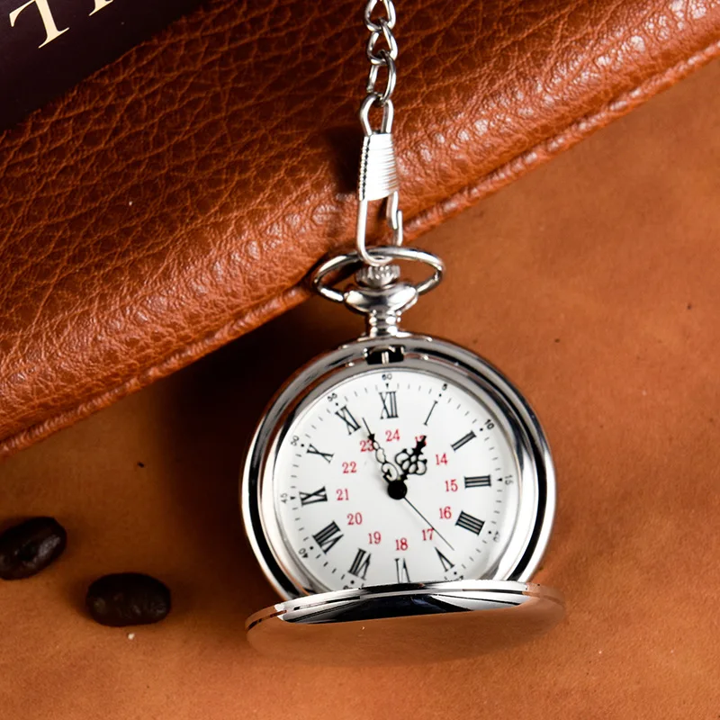 Vintage Luxury Smooth & Matte Sliver Case Quartz Pocket Watch for Men Roman Numeral Fob Chain Necklace Pendant Clock for Gifts