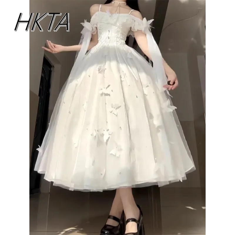 Biała Suknia Ślubna 2025 Letnia Bogini Długa Sukienka Ramiączka Odkryte Ramiona Koraliki Motyl Eleganckie Falbany Sukienka Księżniczki