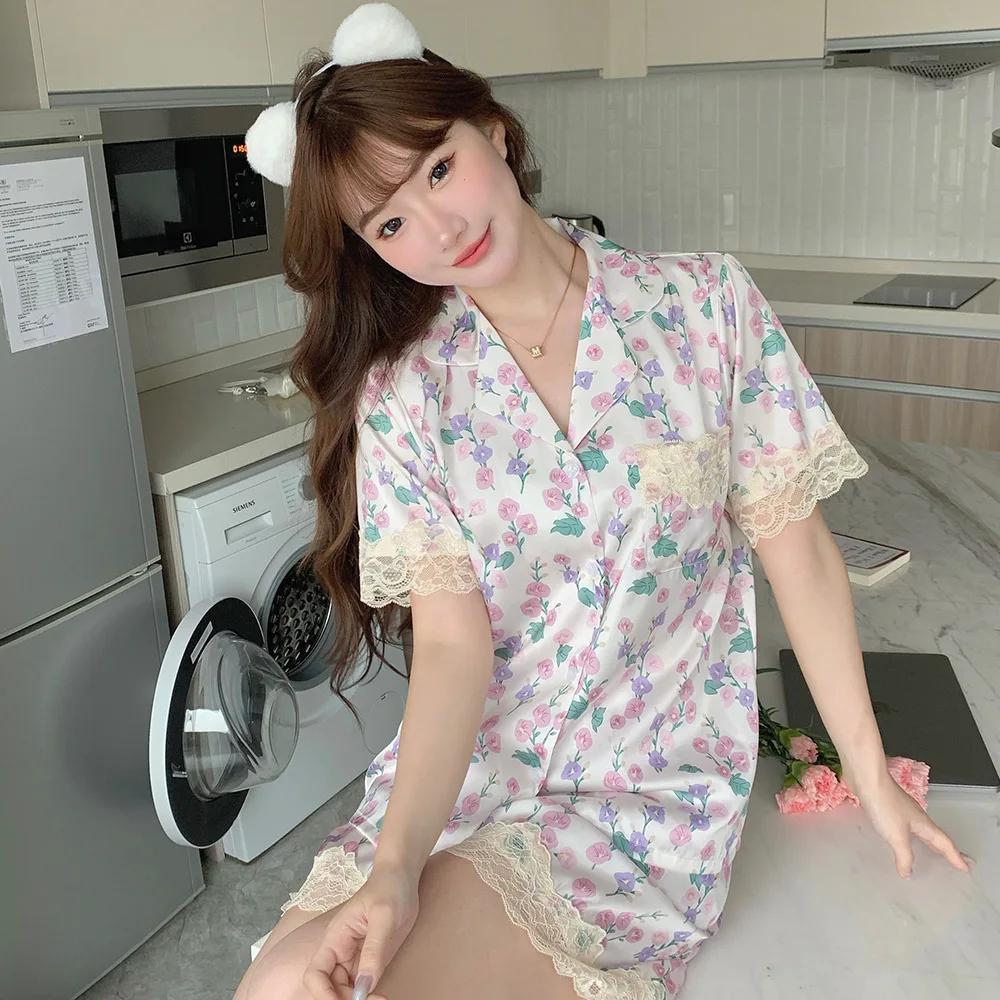 

Fashion Lapel Pajamas Loungewear Women Summer Lace Hem Short Sleeved Shirt Shorts Two Piece Home Wear Sleepwear Satin Nightwear