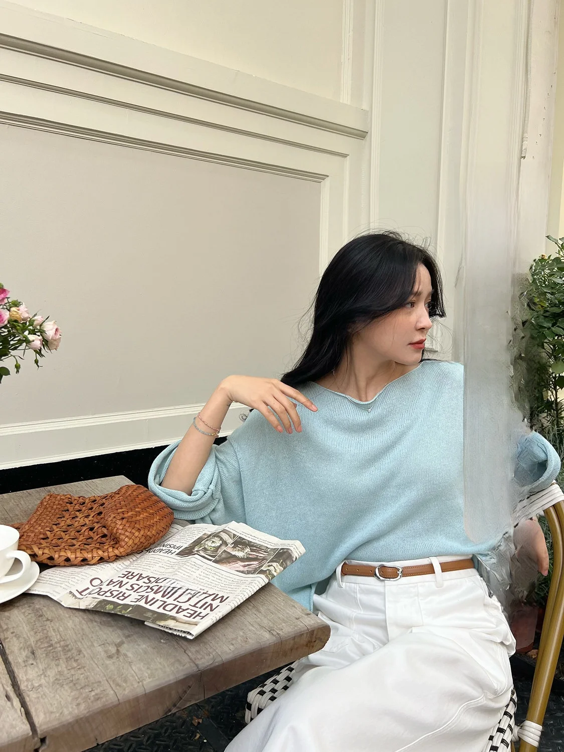 

Elwing Original Lazy Blue Lightweight Long Sve Knitted irt Women Summer Sun Protection Cover up Top Loose Fit round Ne