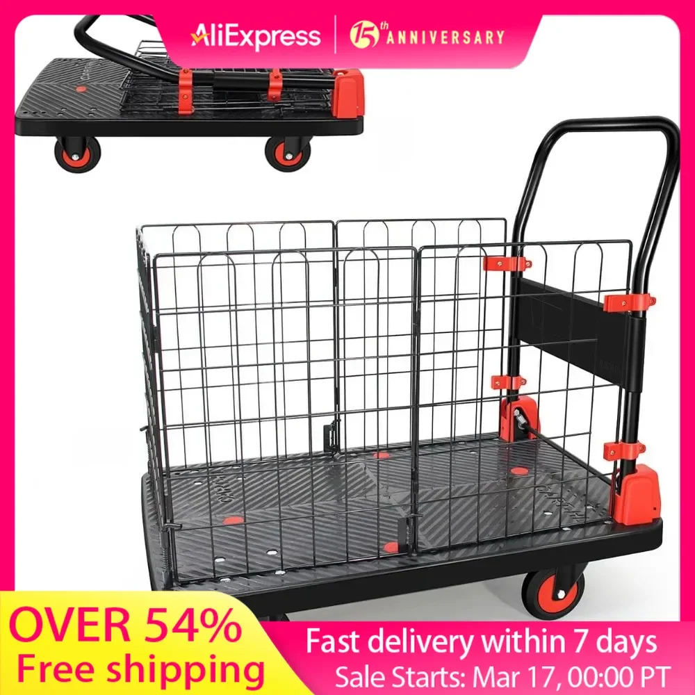 Hand Truck with Cage Removable Cage Cart Dolly Cart with Wheels Load 660lbs Multipurpose Grocery Cart Shopping Moving Storage