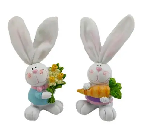 Easter Bunny Statues Cute Rabbit Holding Carrot/Flower Figurines Spring Tabletop Centerpieces