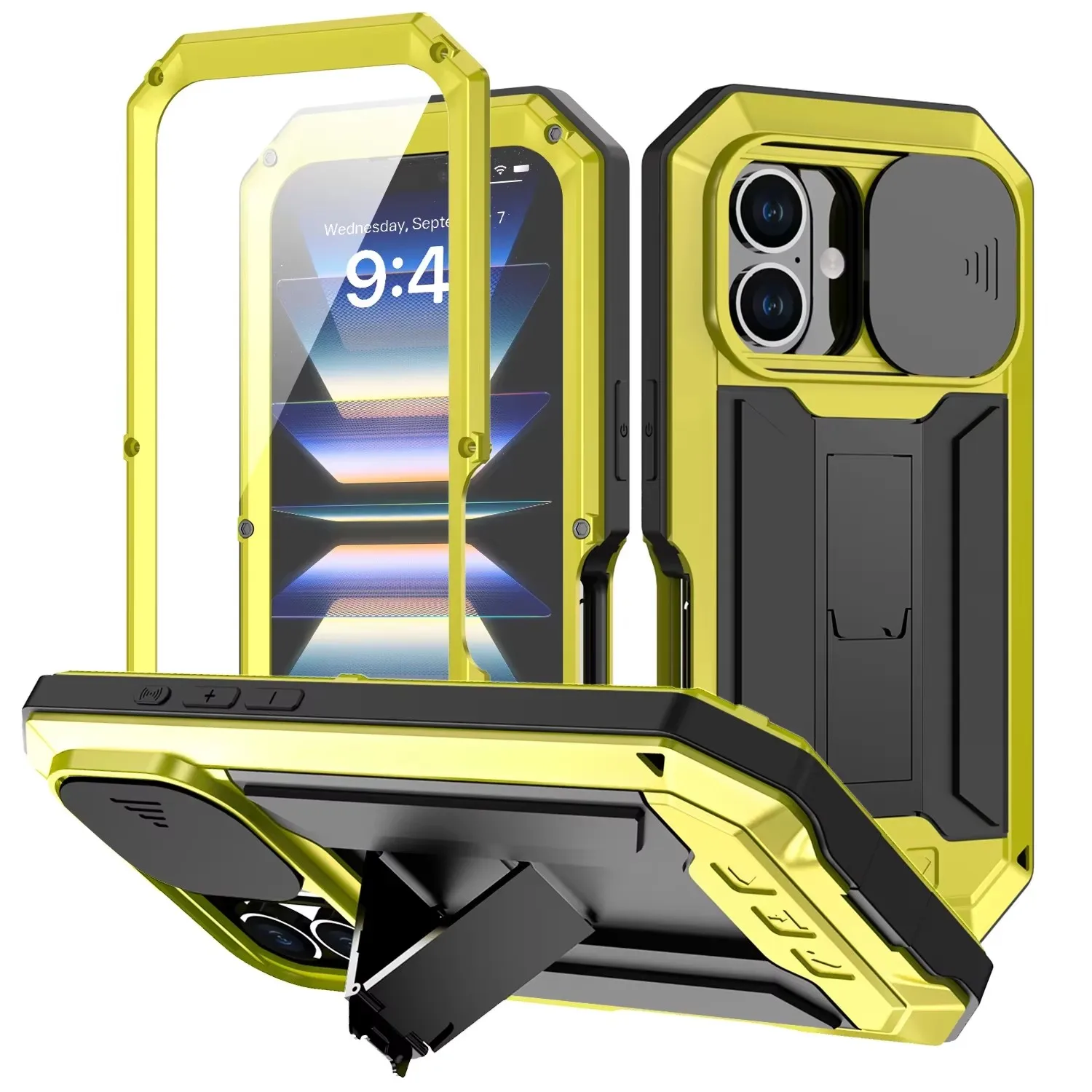 

Military Grade Rugged Aluminum Metal Phone Case For iPhone 16 Pro Max 16Plus Shell Built-in Kickstand Slide Camera Protect Cover