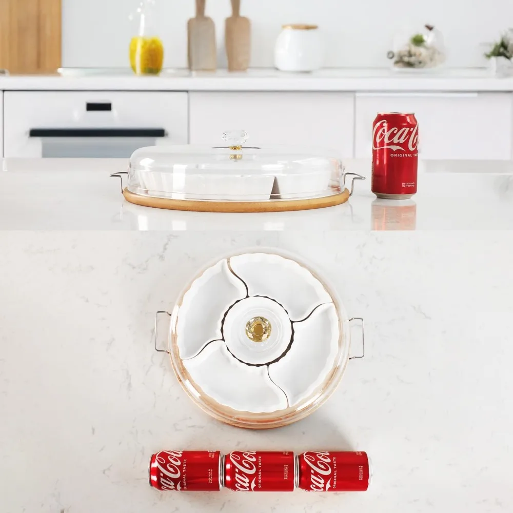 Divided Snack Tray with Lid, 5 Removable Snack Deli Containers with 4 Forks for Party Serving Plate, Fruit Tray with Dips, Snack