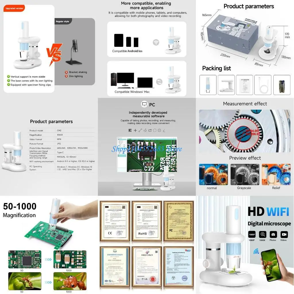 Y6GD Wireless Digital Microscope Camera 50X-1000X WiFi Portable Mini Microscope