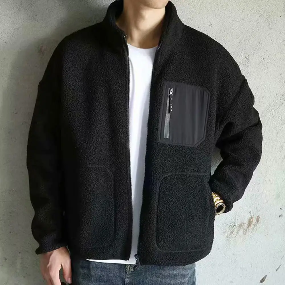 

Men Autumn Winter Imitation Lambswool Coat Stand Collar Long Sleeves Polar Fleece Jacket Pockets Zipper Placket Solid Outwear