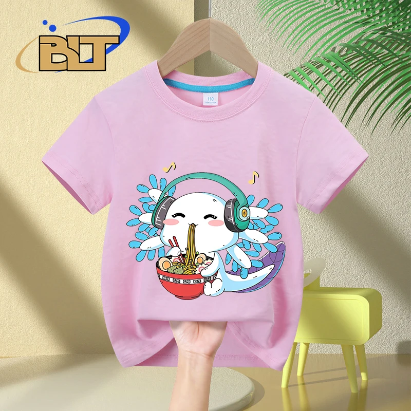 Pink cute Axolotl cartoon print kids T-shirt summer children's cotton short-sleeved casual tops for boys and girls