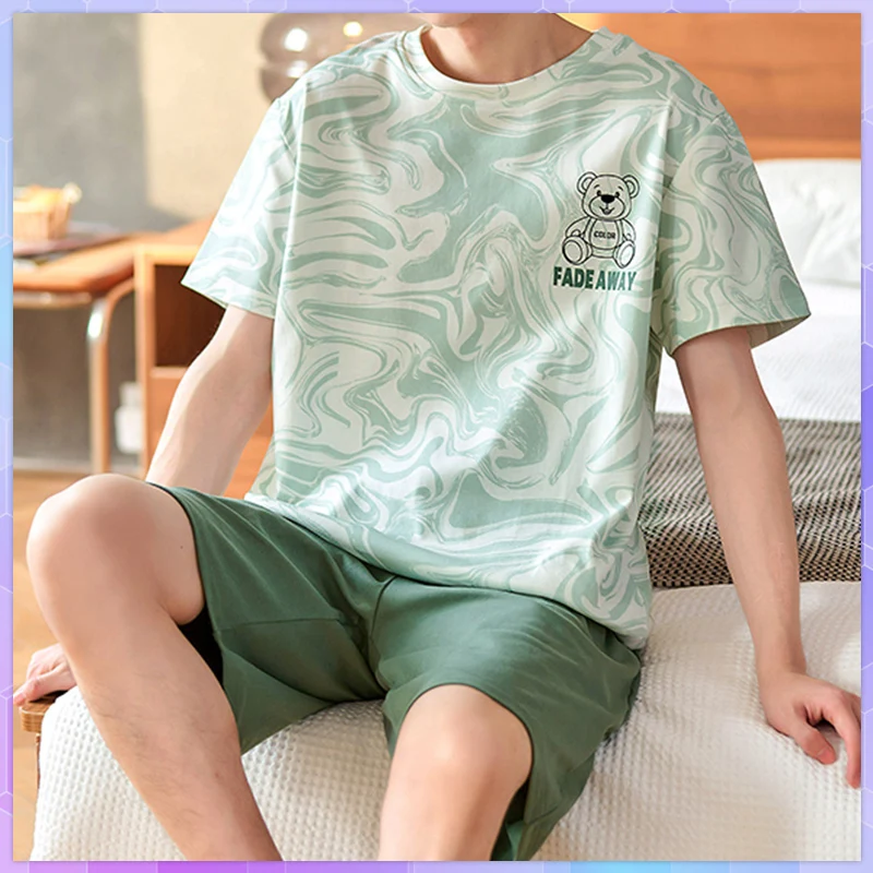 

Summer Cotton Pajamas For Men's Loungewear Set Youth Short Sleeve Loose Pajama With Shorts Set Casual Plus Size Home Suit пижама