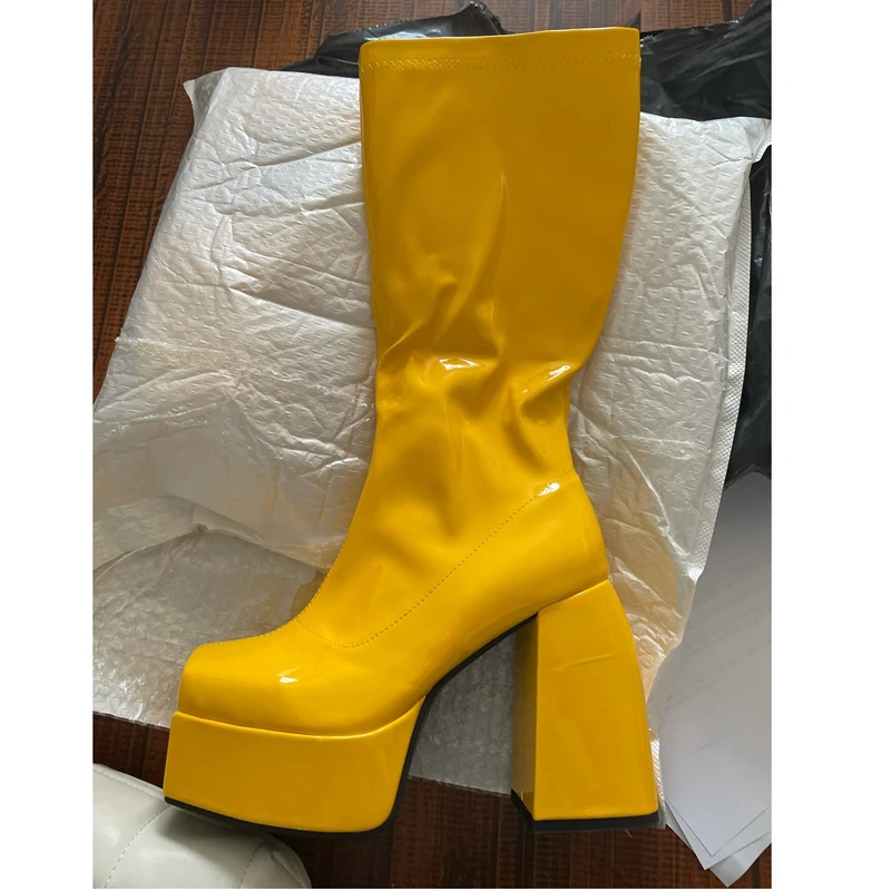 Elastic Microfiber Shoes Ankle Boots Autumn Snow Boots High Heel Thick Platform Mid-Calf Boots