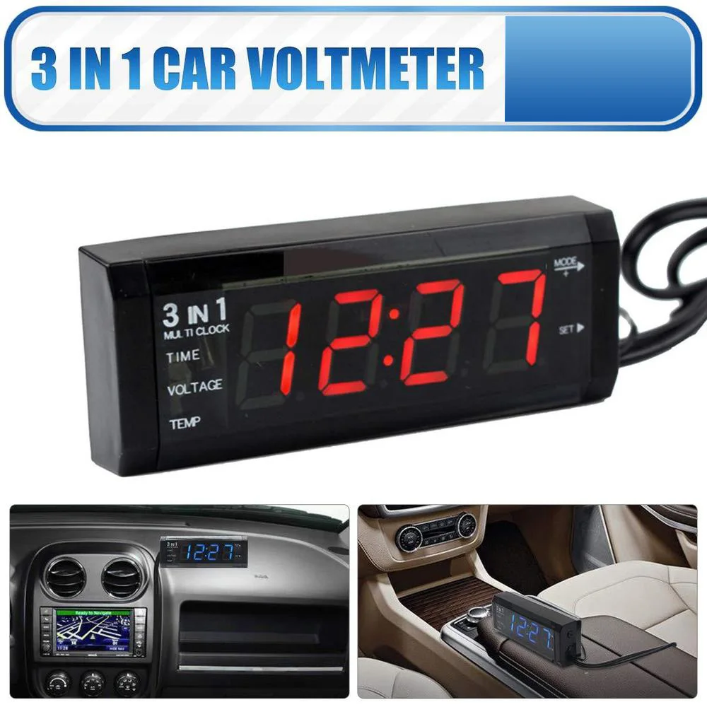 1Set  3 in 1 Car Clock Voltmeter Thermometer For All DC 12V 78 x 115 x 15mm ABS Black Premium Material Car Accessories