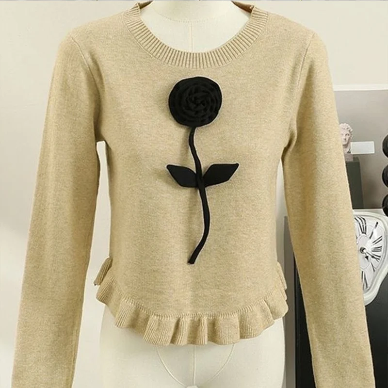 

Autumn Winter Women's Irregular Floral Decor Short Knitted Sweater Ladies round neck Pullovers Soft Long Sleeved Retro Jumpers