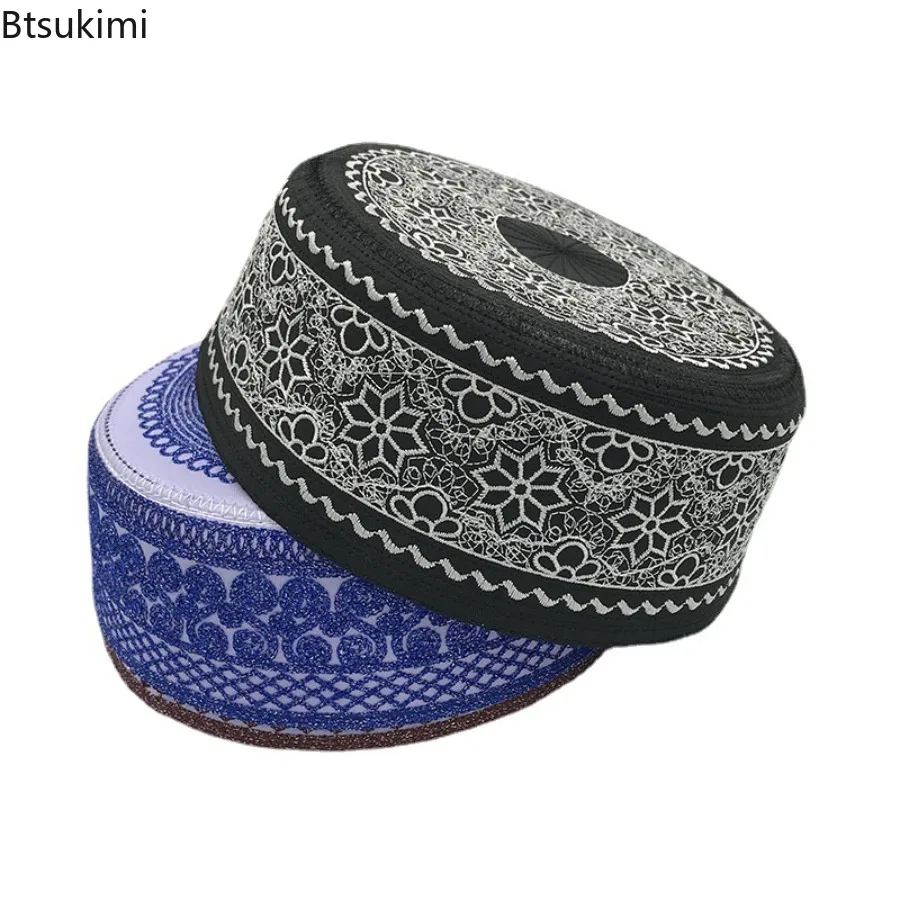 새로운 무슬림 남성 기도 모자 통기성 헤드웨어 쿠피 모자 남성 이슬람 스컬 캡 라마단 이드 선물 민족 스타일 자수 남성 모자