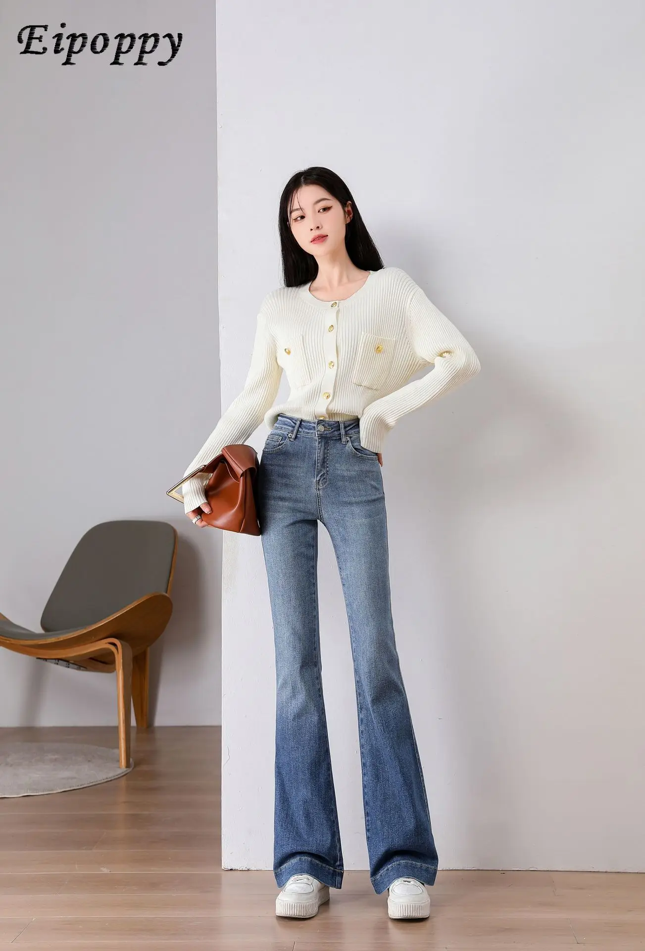 Pantalones vaqueros elásticos de cintura media para mujer, Jeans de herradura de Color de contraste Simple y delgado, pantalones con fondo de campana