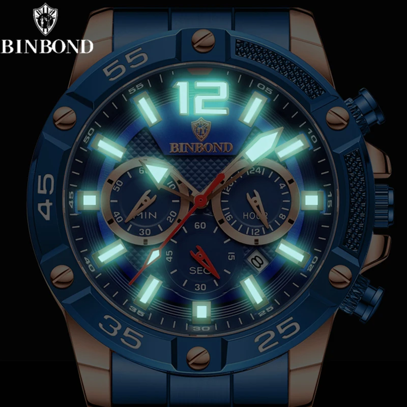 BINBOND Luxury Brand  Men Quartz Watch Sport Waterproof Luminous Chronograph New Hot Business Men\'s Wristwatch Relogio Masculino