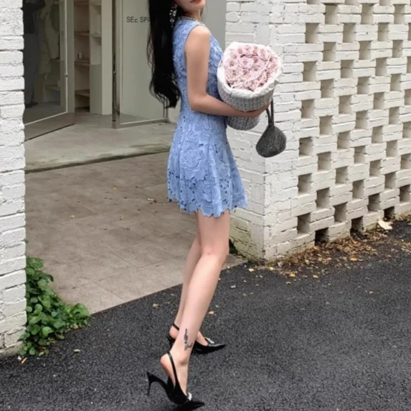 UNI Luxe Kristal Kant Formele Jurk Dames Zomer Elegant Kralen Uitgehold Borduren Prom Avondfeest Korte Jurken Blauw