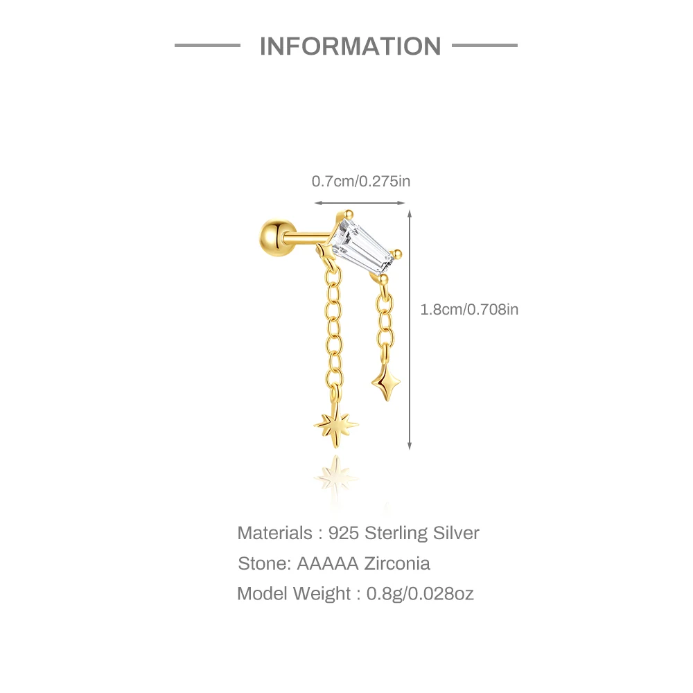 AIDE 925 Sterling Silver Zircon Flat Head Ear Bone Studs For Women Chain Butterfly Fish Piercing Stud Earrings Fine Jewelry 1pc
