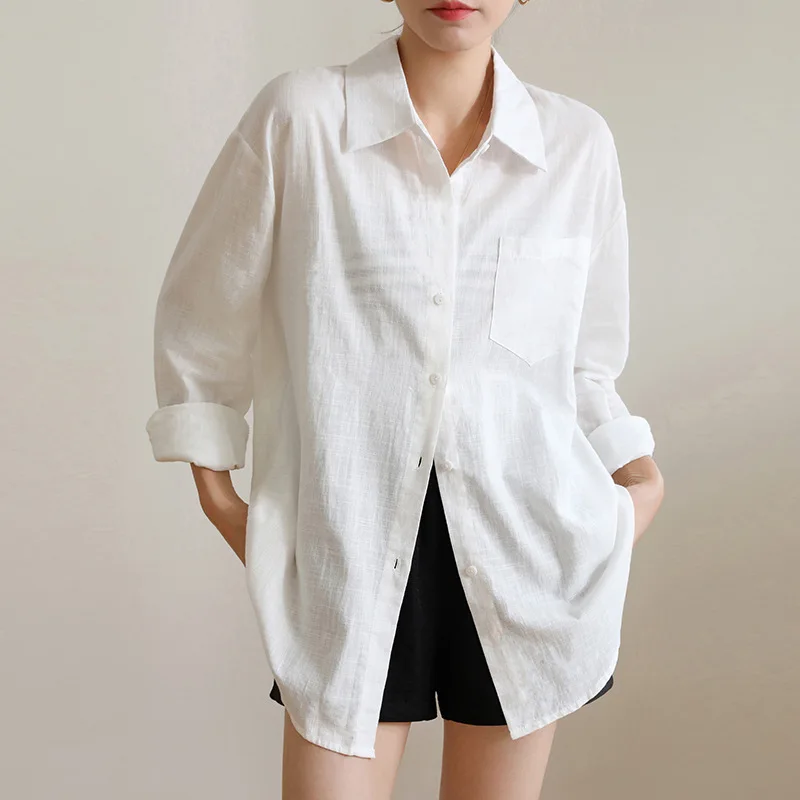 Hoilday Travel Cotton Linen Shirt Simple Sun Protection Cardigan Thin Loose Long Sleeve White Shirts with Pocket lady chic Top