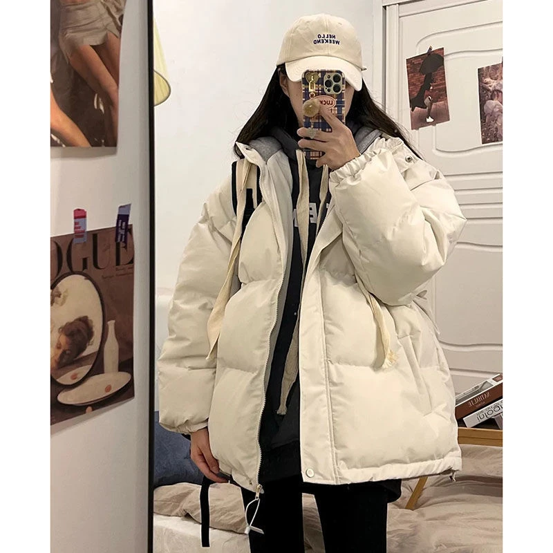 Jaket Puffer bertudung untuk wanita, jaket model Korea kasual hangat ukuran ekstra besar parka lengan panjang longgar musim dingin 2024