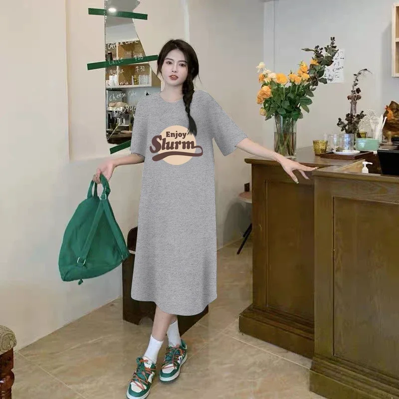 فستان صيفي جديد فضفاض مقاس كبير للنساء فستان عتيق مطبوع عليه حروف ورقبة دائرية وأكمام قصيرة