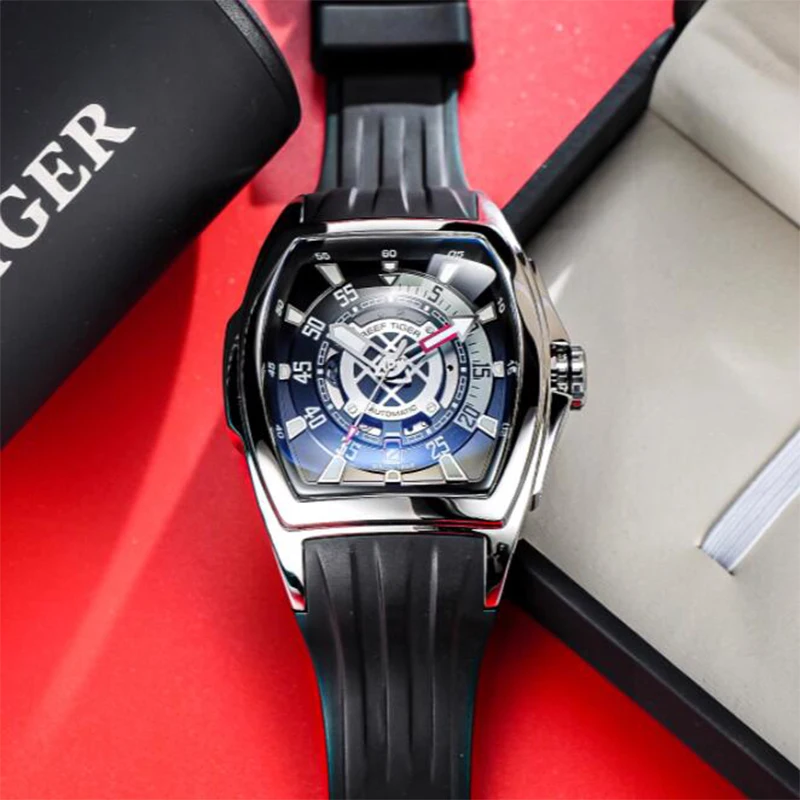 Reef Tiger Men Automatic Watch 42.3mm Tonneau Case Mechanical Wristwatch Sapphire Mirror Skeleton Dial Luminous