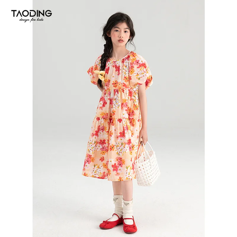 

Baby Girl Dress Girl Dress Summer 2024 New Large Children Flower Short Sleeve Pure Cotton Waist Waist Lantern Sleeve