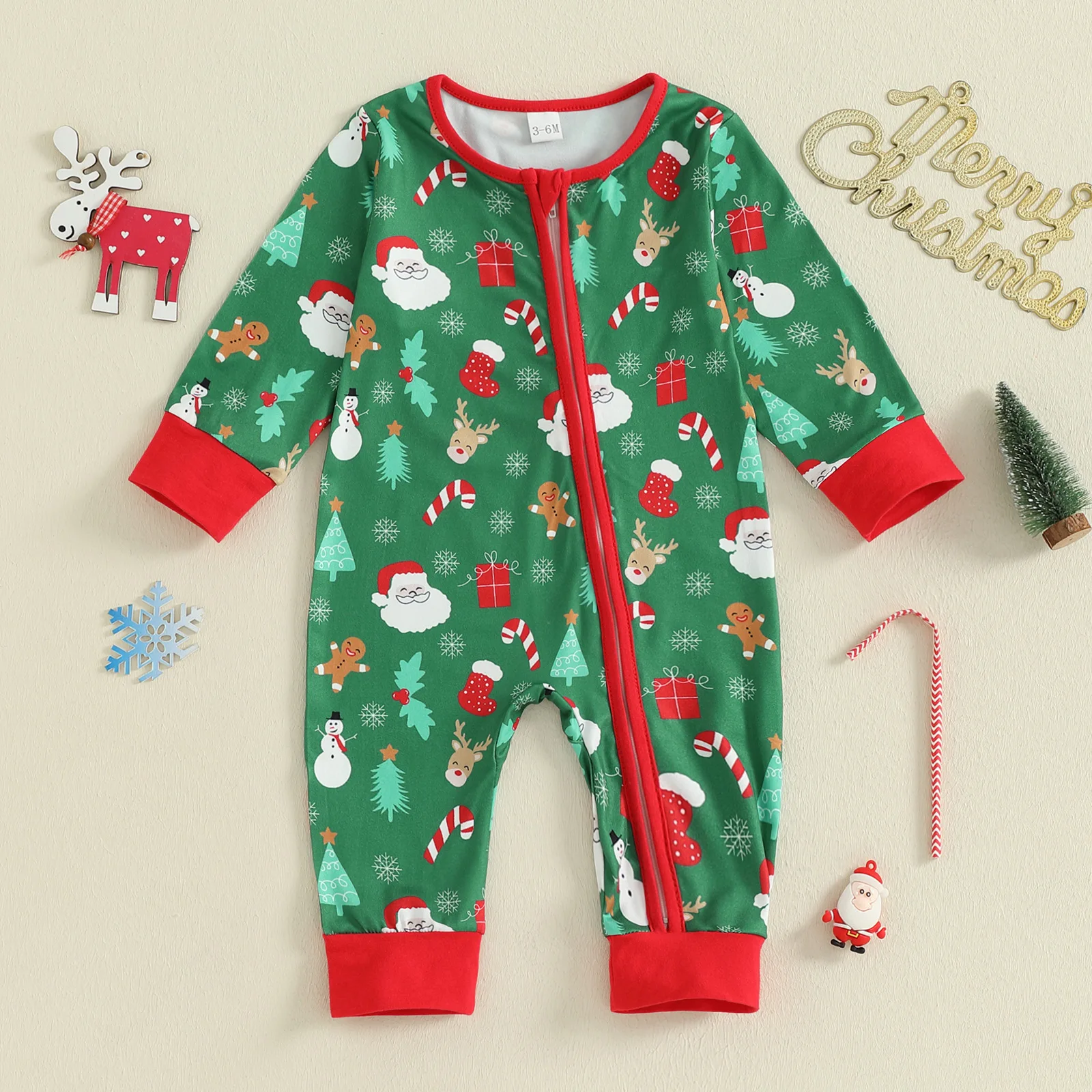 

Autumn New European and American Baby Jumpsuit Christmas Elements Zipper Long Sleeved Crawling Clothes Cute Baby Outdoor Clothes