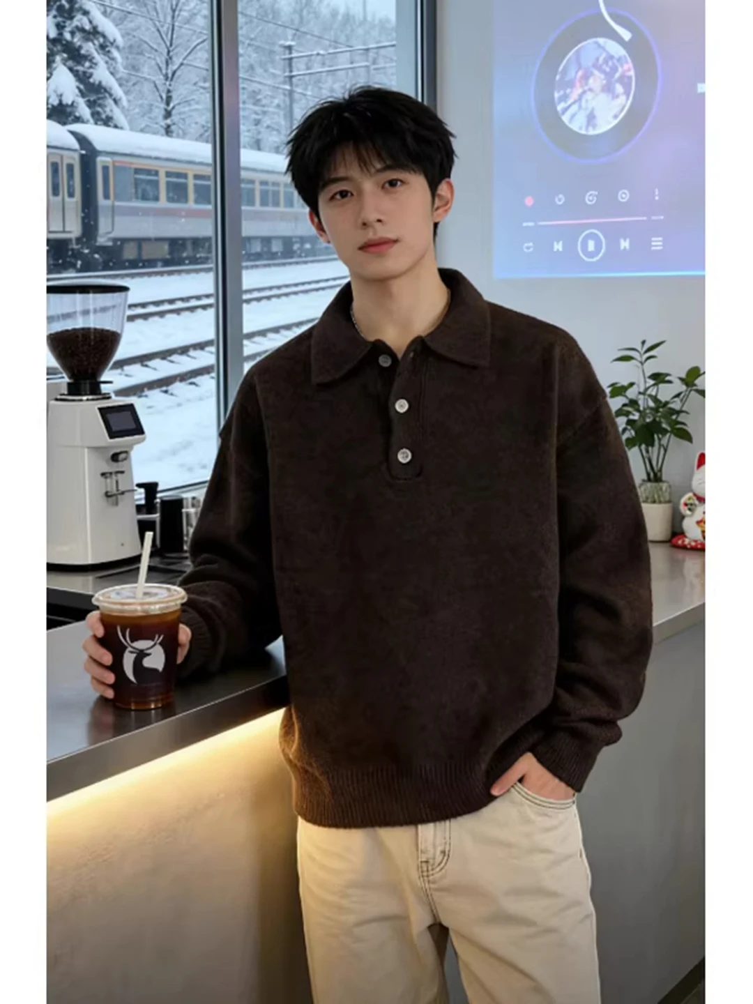 

Warm Inner irt Men's Knitted Sweater Collar Turn-down Collar Autumn Winter Faion Soft Comfortable Home Leisure Wear