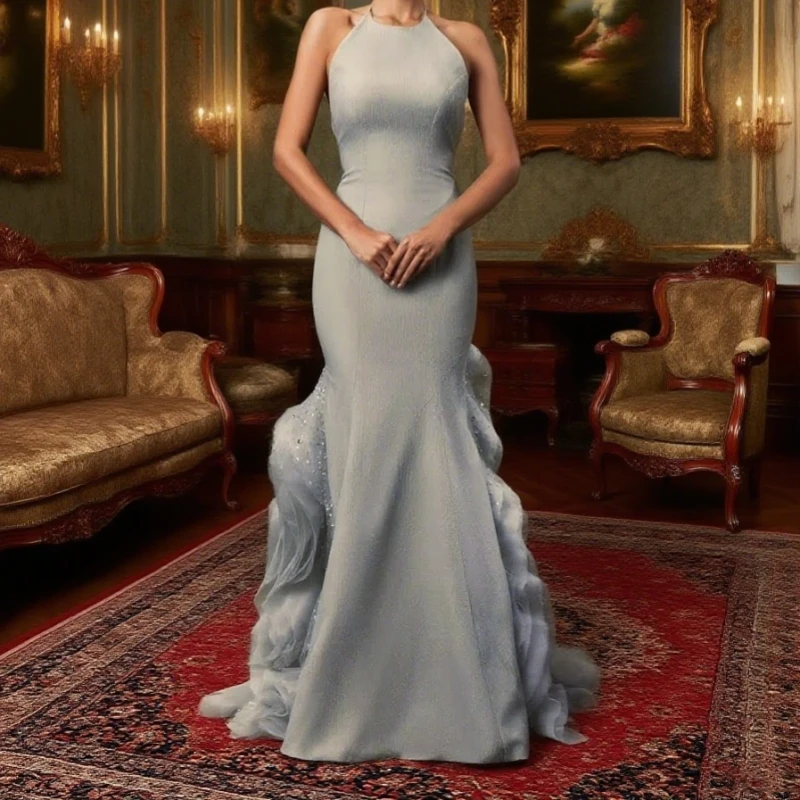 

Evening Gown Halter Sleeveless Maxi Dress with Godet Frill Fold Hem Mermaid Ball Gown Princess Even Formal Customized