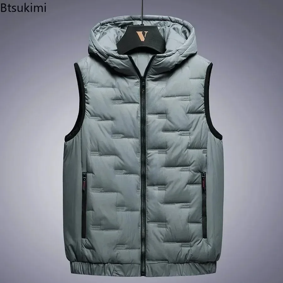 New Men's Winter Warm Vest Jacket Rectangular Embossed Fashion Down Cotton Hooded Vest Man Loose Windproof Casual Waistcoat 8XL