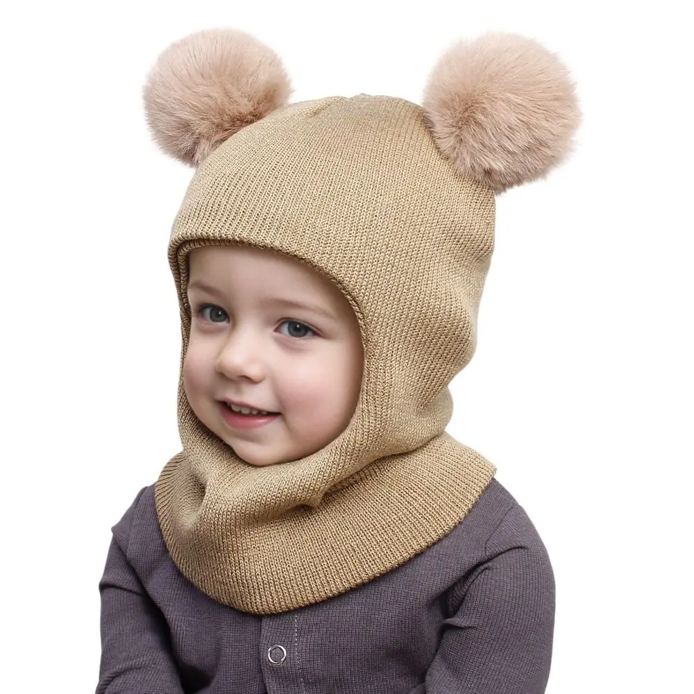 New Cute Balaclava Hats Children Ear Protection One-piece Hat Scarf Boys Girls Autumn Winter Pompom Ball Wool Cap