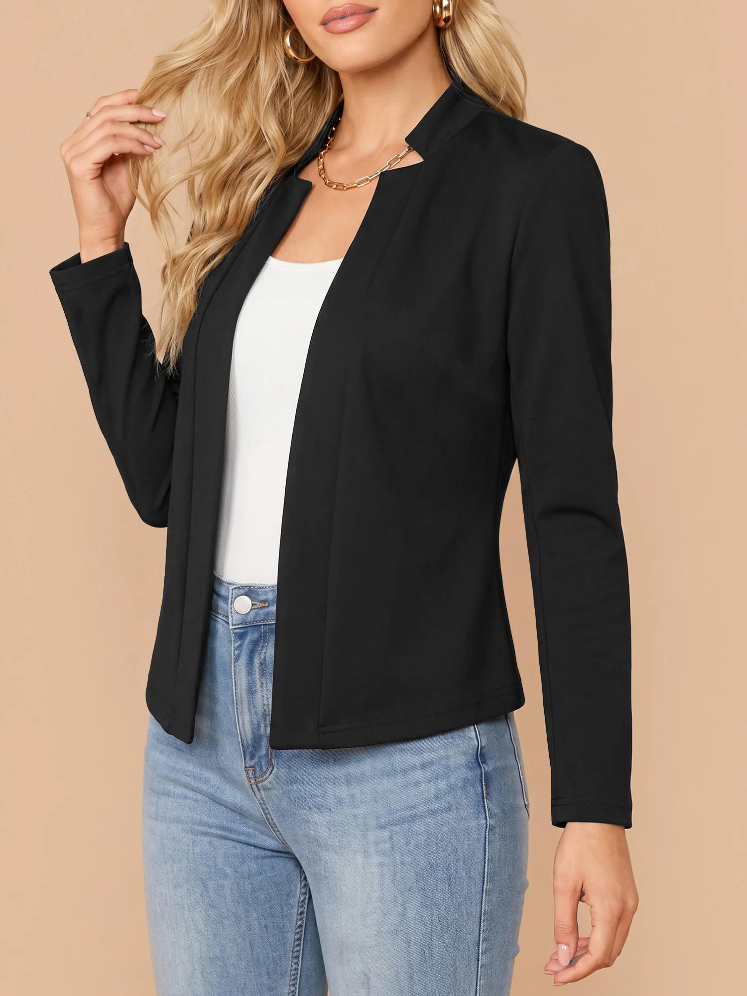 Ladies Lightweight Solid Open Blazer Stand Collar Long Sleeve Slim Fit Everyday Office Outerwear