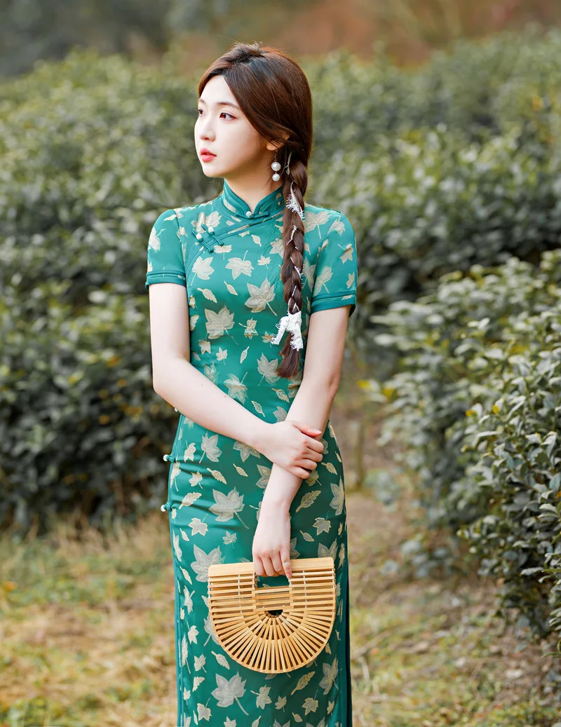 

Chinese Style Retro Green Printed Qipao Traditional Cheongsam Vintage Party Long Dress Women Sexy Qi Pao