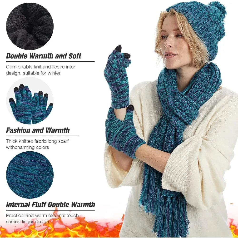 المرأة قبعة قبعات الشتاء 3 في 1 متماسكة قبعة دافئة قفازات ووشاح مجموعة الأوشحة النسائية للطقس البارد