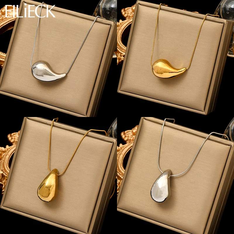 EILIECK 316L Stainless Steel Gold Silver Color Water Drops Pendant Necklace For Women Fashion Waterproof Neck Chain Jewelry Gift