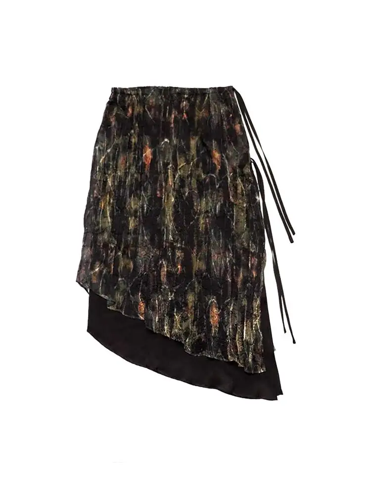 

Artistic Print Double Layer Midi Skirt Versatile High Waist A-Line Skirt Commute Korean Sle Printed Skirt Outdoor Skirt